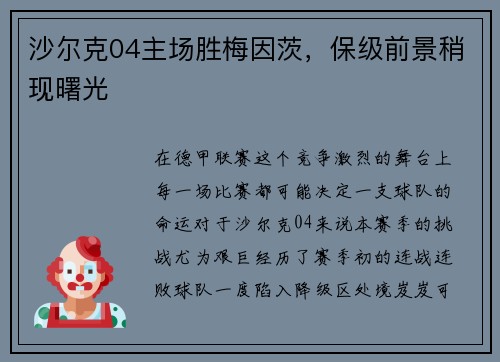 沙尔克04主场胜梅因茨，保级前景稍现曙光